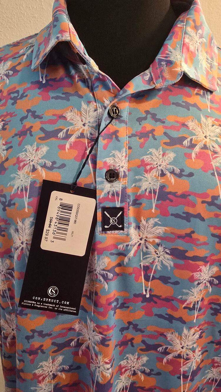 NWT CON.STRUCT Men's Performance Golf Polo Tropical Palm Camo Blue XXL